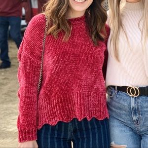 Cynthia Rowley Chenille Scallop Red Sweater